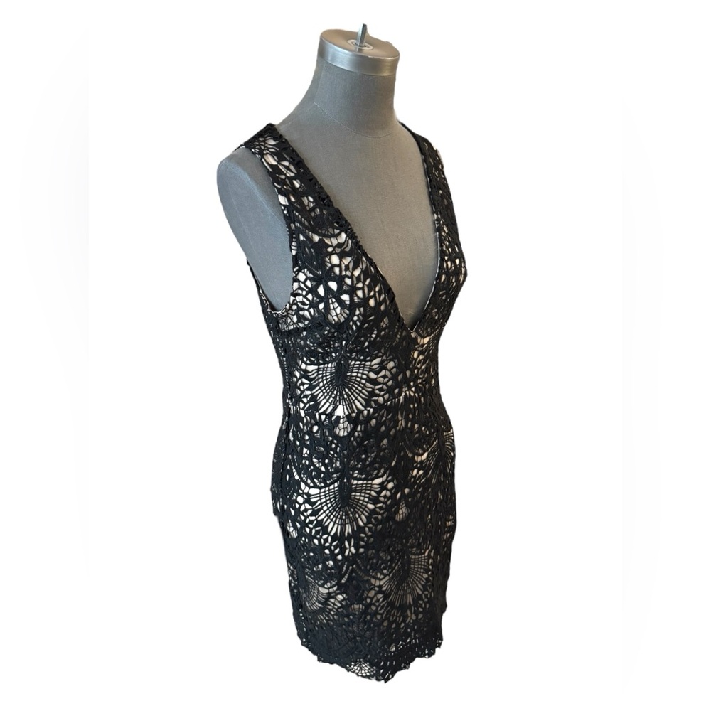 Lulu's Black & Gold Lace-Overlay Deep V Mini Dress - Picture 6 of 16